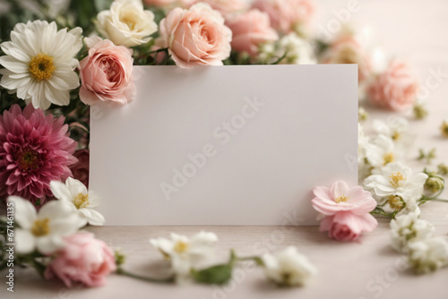 Blank congratulatory open surrounded by fresh flowers on light background.