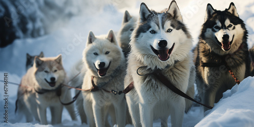 Sled dog Siberian husky is driving a sled through a winter snow-covered forest created