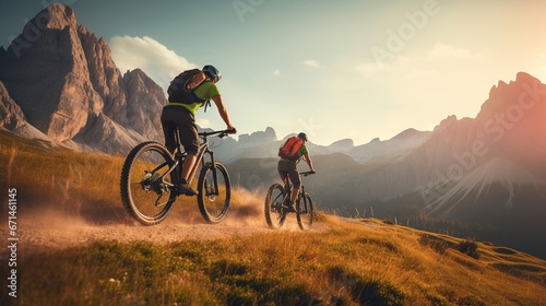 Cycling couple riding mountain trail. Outdoor sports activity.