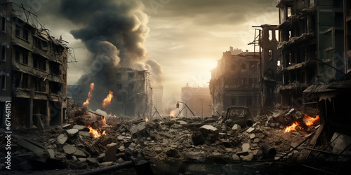 Dramatic scene of a bombed city. Human suffering and war. Destroyed, devastated after the war city