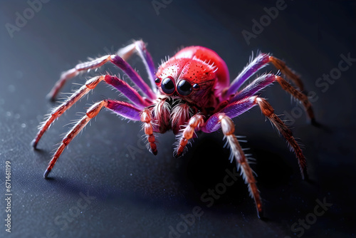 Close-up of a hairy spider in neon red and purple lights on a black background. © Alan