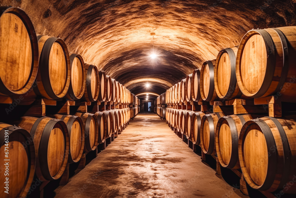 Rows of old wooden casks in a wine cellar, long hall of stored wine in the wine basement, wine storage for taste testing and sale