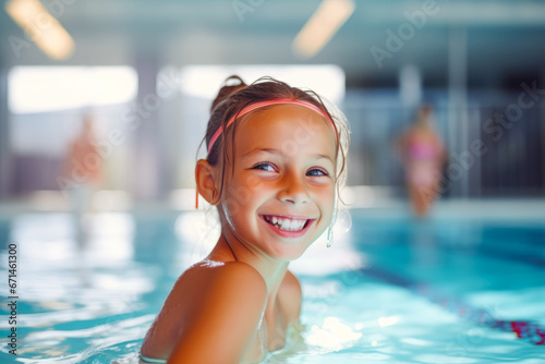 Portrait of little girl smiling and enjoying indoor pool while taking swimming lessons for children, fun time in pool