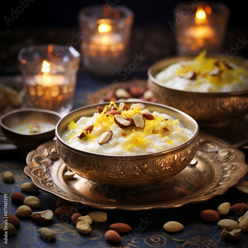 a bowl of creamy kheer stands as the centerpiece, This traditional rice pudding is generously topped with glistening slivers of almonds, pistachios, and delicate, golden strands of saffron