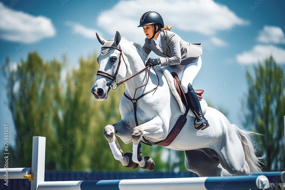 Side view of beautiful white and gray horse with a female jogger jumping over fence obstacle, training for a show jumping with horse Side view of beautiful white and gray horse with a female jogger jumping over fence obstacle, training for a show jumping with horse