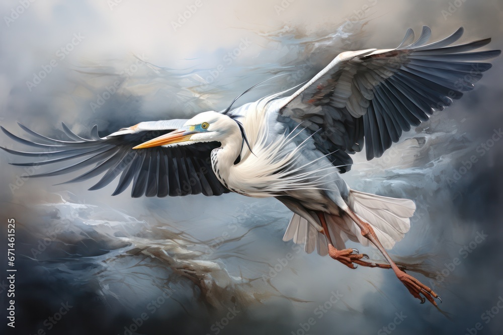 stork bird flying in stormy sky watercolor illustration - obrazy, fototapety, plakaty 