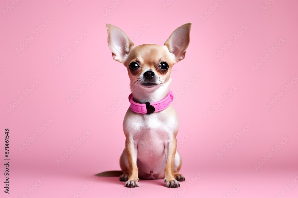 cute beige chihuahua puppy dog on pink background studio portrait