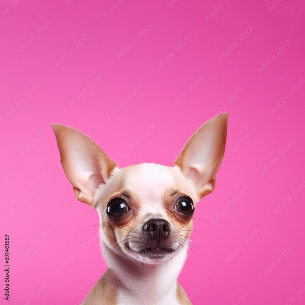 cute beige chihuahua puppy dog on pink background studio closeup square portrait