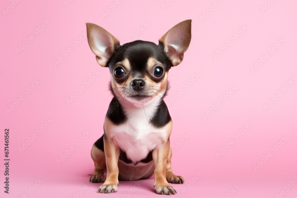 cute black beige chihuahua puppy dog sitting on pink background studio portrait