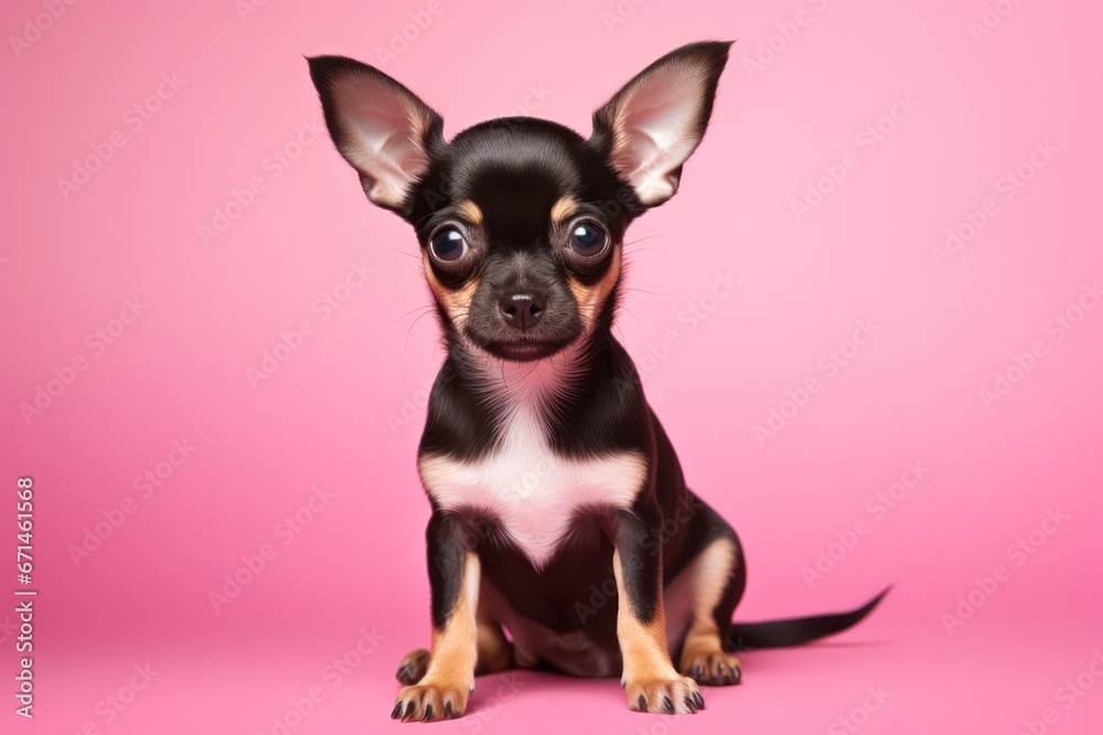 cute black beige chihuahua puppy dog sitting on pink background studio portrait