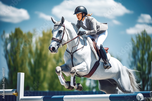 Side view of beautiful white and gray horse with a female jogger jumping over fence obstacle, training for a show jumping with horse photo