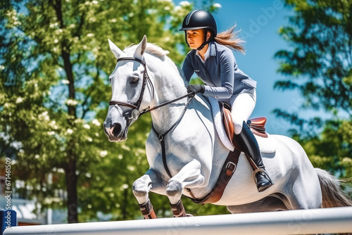 Side view of beautiful white and gray horse with a female jogger jumping over fence obstacle, training for a show jumping with horse