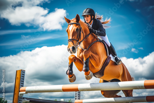Side view of beautiful chestnut horse with a female jogger jumping over fence obstacle, training for a show jumping with horse © VisualProduction