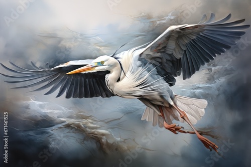 stork bird flying in stormy sky watercolor illustration © Dina