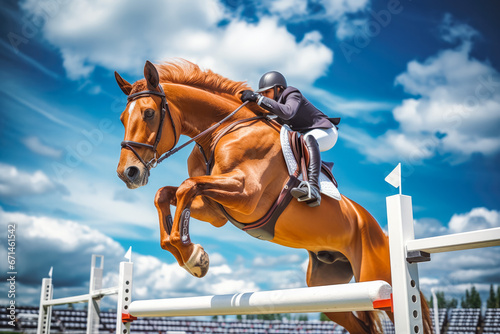 Side view of beautiful chestnut horse with a female jogger jumping over fence obstacle, training for a show jumping with horse © VisualProduction