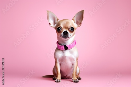 cute beige chihuahua puppy dog on pink background studio portrait © Dina