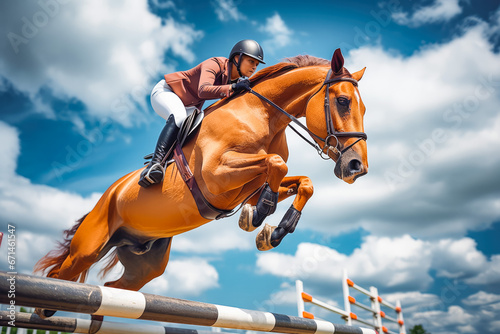 Side view of beautiful chestnut horse with a female jogger jumping over fence obstacle, training for a show jumping with horse photo