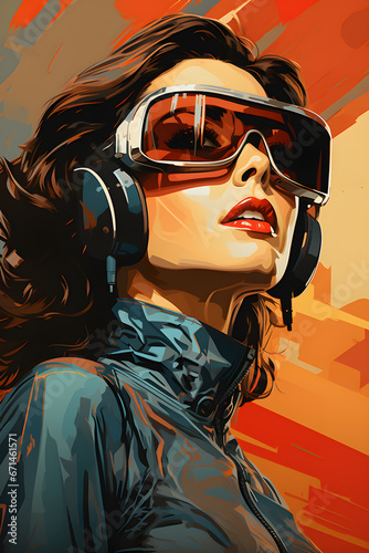 illustration of woman with future technology in retro futuristic 30s style poster ,generative ai 