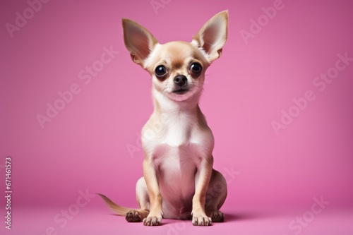 cute beige chihuahua puppy dog sitting on pink background studio portrait