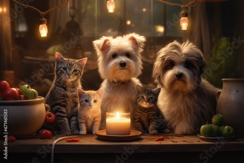 yorkshire terrier puppies, dogs and kittens with christmas lights cartoon style illustration © Dina