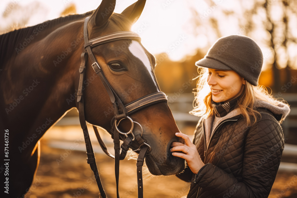 Obraz premium Beautiful young female jockey enjoying company of her brown horse at the country side, wearing helmet and ready to train