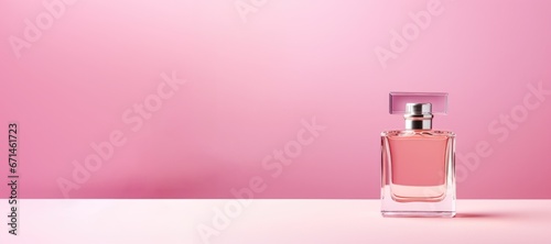 blank bottle of luxury perfume in pink soft pastel color