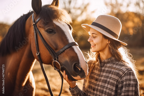 Beautiful young female jockey enjoying company of her brown horse at the country side, wearing hat and ready to train © VisualProduction