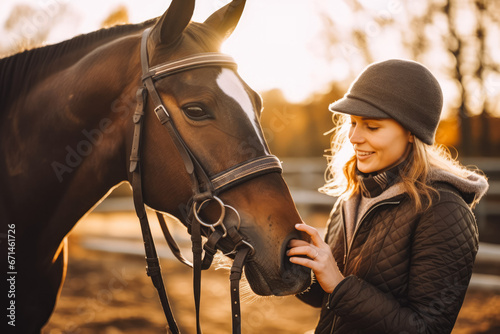 Beautiful young female jockey enjoying company of her brown horse at the country side, wearing helmet and ready to train