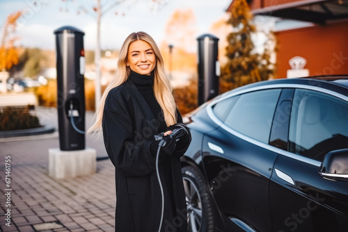 Beautiful young woman charging her electrical black car in a public charging station, future of mobility, charging station for cars
