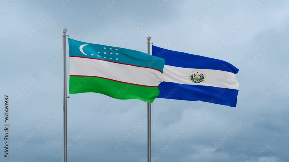 Republic of El Salvador and Uzbekistan flag waving together on cloudy sky, endless seamless loop, two country cooperation concept Republic of El Salvador and Uzbekistan flag waving together on cloudy sky, endless seamless loop, two country cooperation concept
