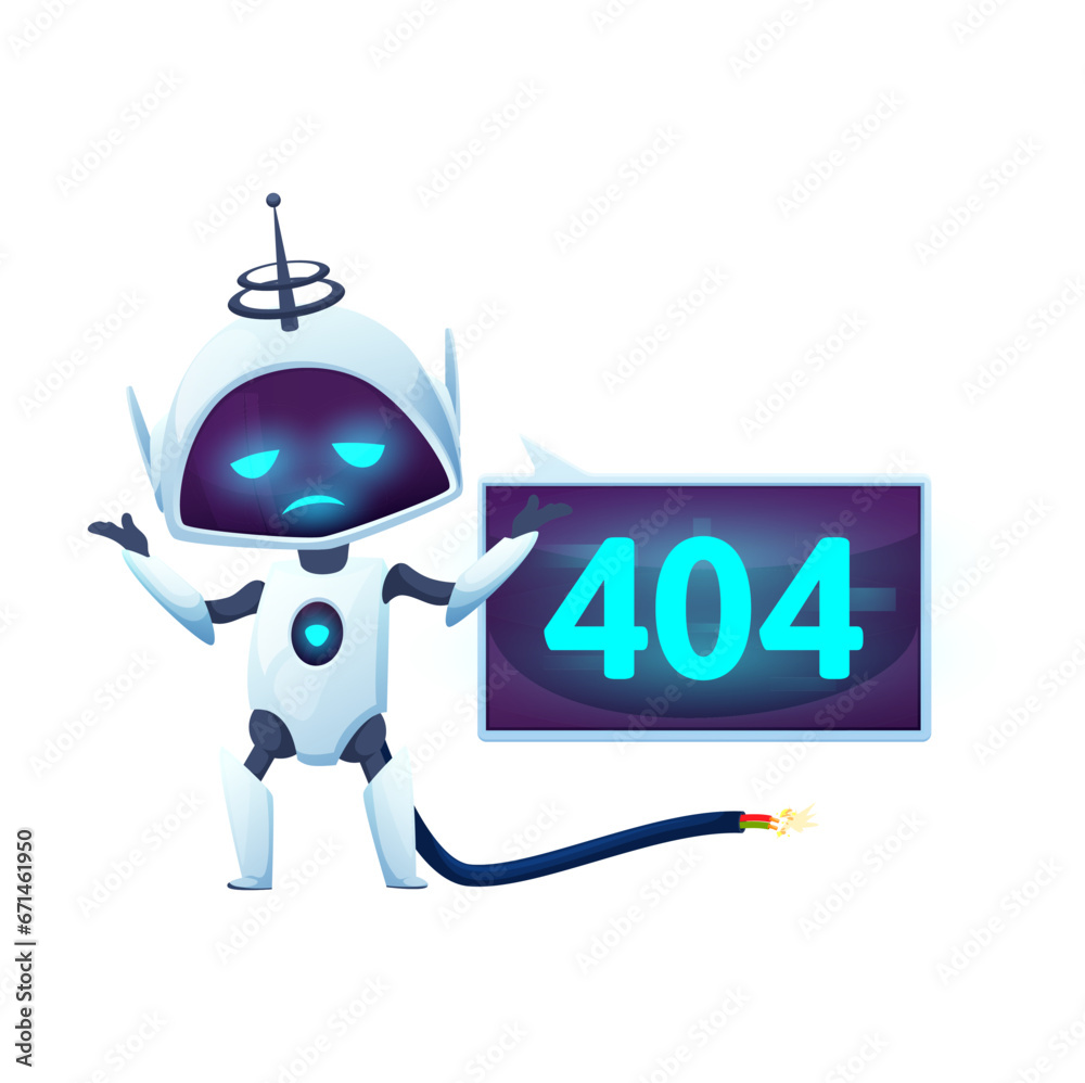 404 page with cartoon screen and cat robot. Internet connection update problem warning, network fail construction message vector banner with cat robot futuristic character, error message on display