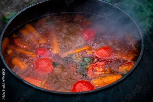 Delicious soup in a cauldron being prepared on a fire close-up