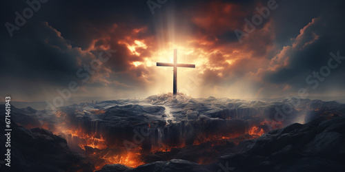 Fototapete Holy cross symbolizing the death and resurrection of Jesus Christ with the sky o