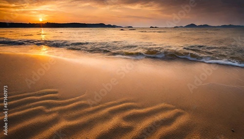 Closeup sea sand beach. Panoramic beach landscape. Inspire tropical beach seascape horizon. Orange and golden sunset sky calmness tranquil relaxing sunlight summer mood. Vacation travel holiday banner