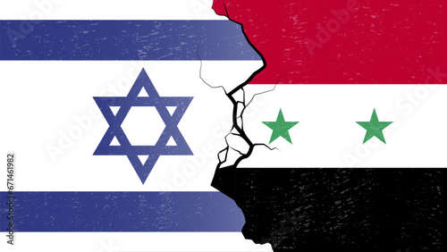 Syria –Israel proxy conflict with flags and cracked texture