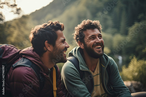 Two caucasian tourist travelling around the world. Two happy young male friends enjoying a vacation in the countryside. People travel and work remotely. Travel people, hikers on top of mountain #671461987