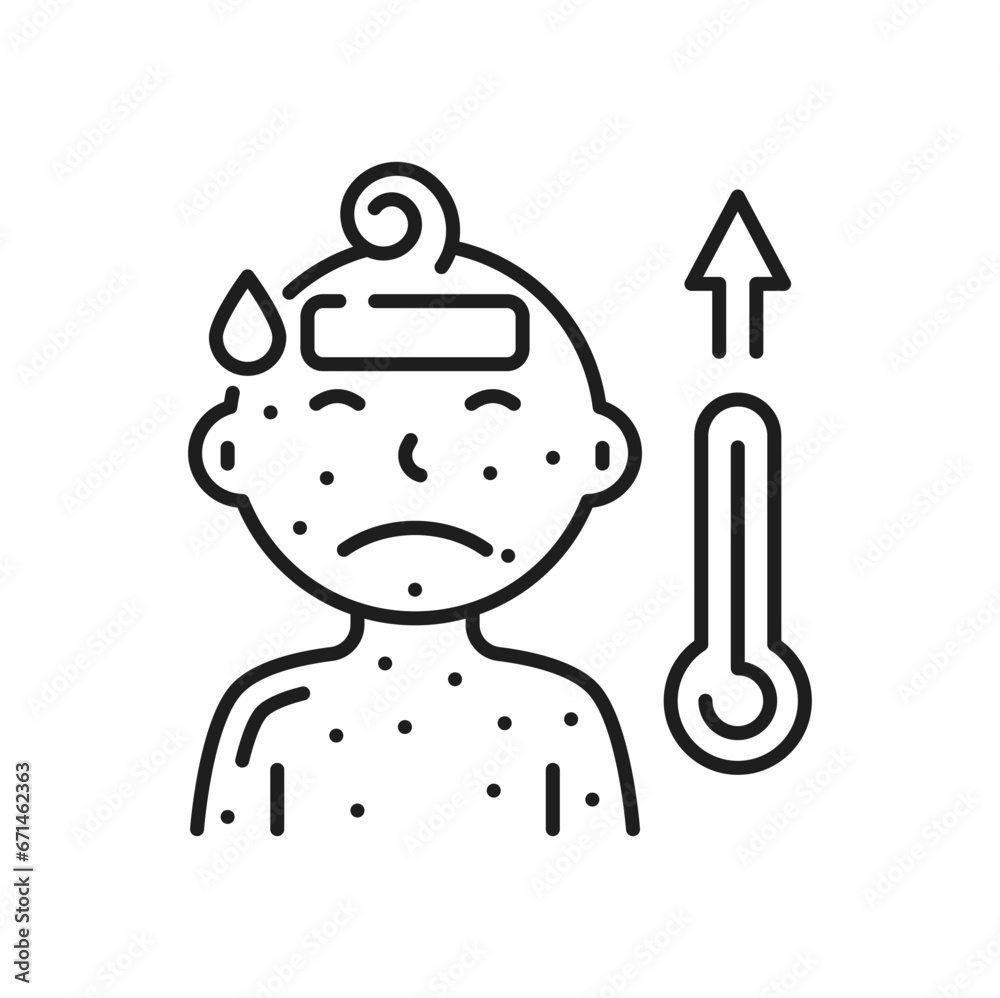 Sick child with chickenpox with high temperature and headache outline icon. Vector skin disease, itching rashes on skin of baby. Boy with measles
