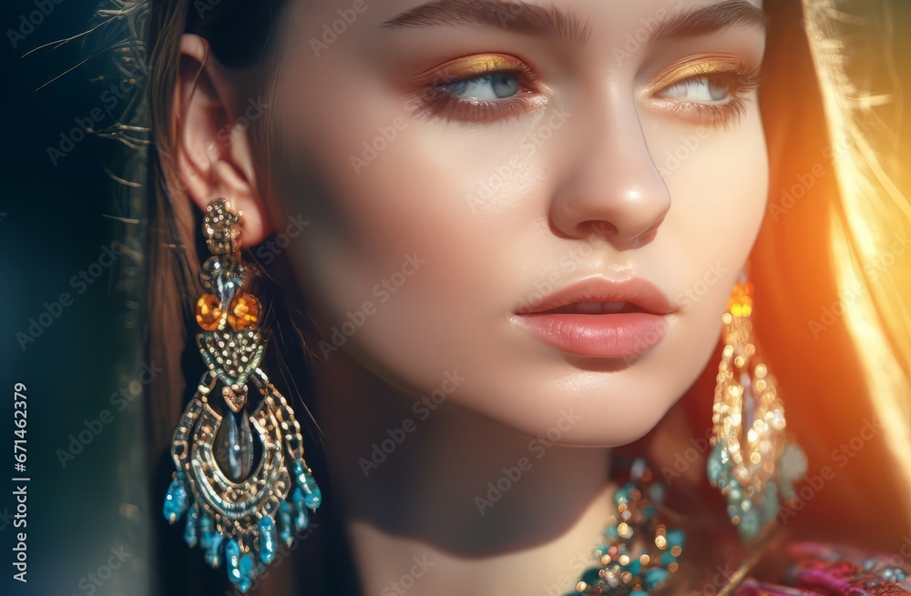 Fototapeta premium Closeup girl jewellery pose shot. Fashion necklace posing one. Generate Ai