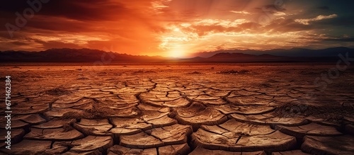 Dramatic sunset over cracked earth. Desert landscape background