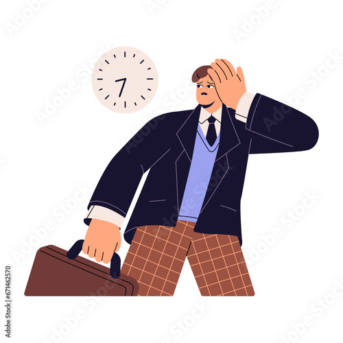 Bad time management. Sad worker looking on clock, hurry to office. Business employee late to work. Problems with planning, efficient. Tardiness, lateness flat isolated vector illustration on white