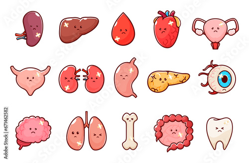 Cartoon unhappy sick body organ characters. Injured and unhealthy human organs. Vector heart, lung, kidney, liver and stomach, bladder, pancreas, gallbladder or intestine. Uterus, eyeball, bone, blood