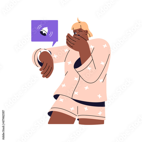 Time management, daily routine, productivity. Young woman early wake up by alarm, yawning. Girl looking on smart watch, get notification. Healthy habit. Flat isolated vector illustration on white