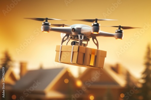 delivery by drone. multicopter delivering a package to a customer mail.