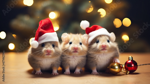 A cute rats in a Santa Claus hat on a Christmas background.