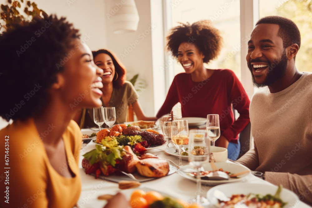 African American family dinner during thanksgiving day. Happy people celebrating holiday, eating and laughing together