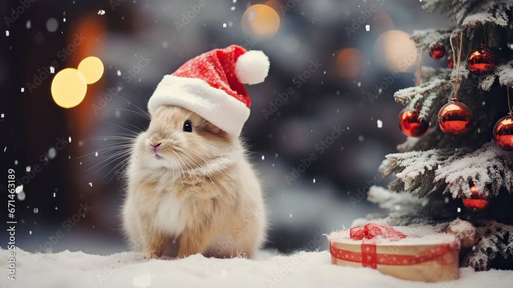 Photo of a cute rabbit in a Santa Claus hat on a New Year's background Photo of a cute rabbit in a Santa Claus hat on a New Year's background