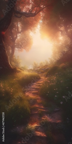 Sunset in a misty forest with a path leading to the horizon © Supardi