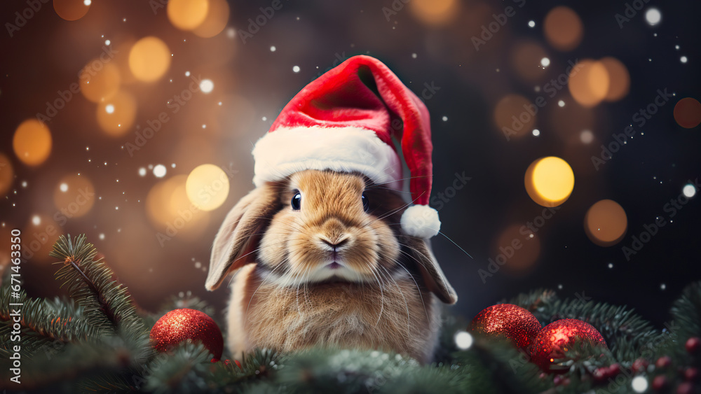 Photo of a cute rabbit in a Santa Claus hat on a New Year's background