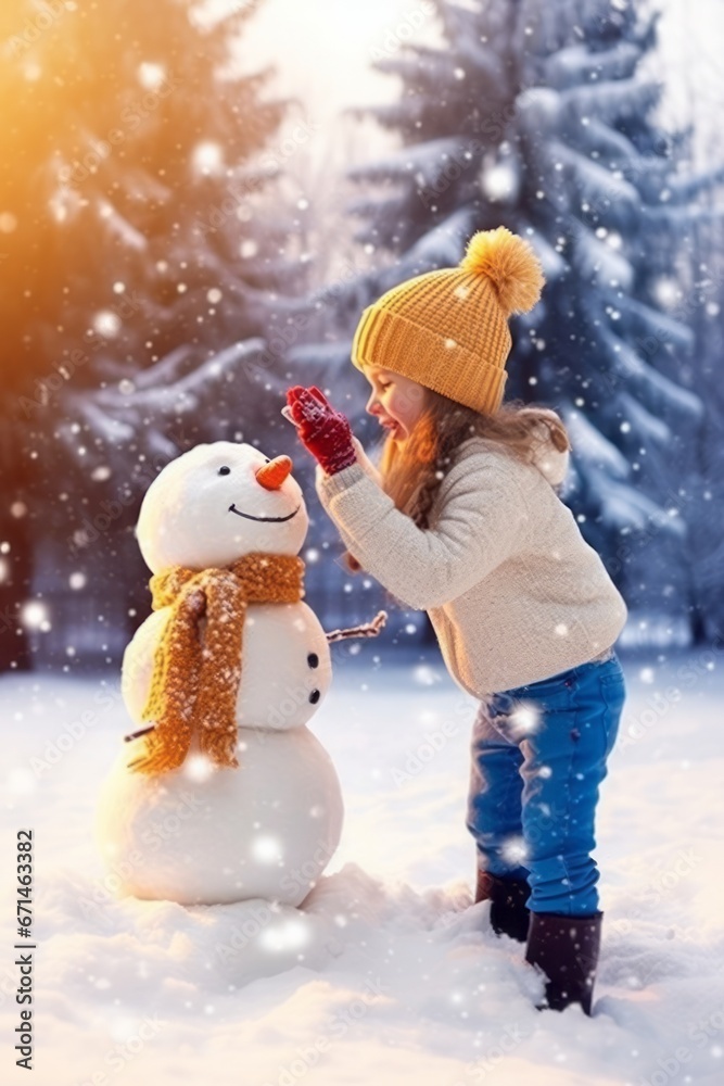 A little girl makes a snowman for the New Year. Snow is blowing, forest in the background. Winter colors. - obrazy, fototapety, plakaty 