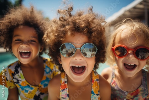 Happy and cheerful multicultural  multi ethnic children have fun near the swimming pool. Funny kids playing outdoors. Summer vacation concept © Soffee